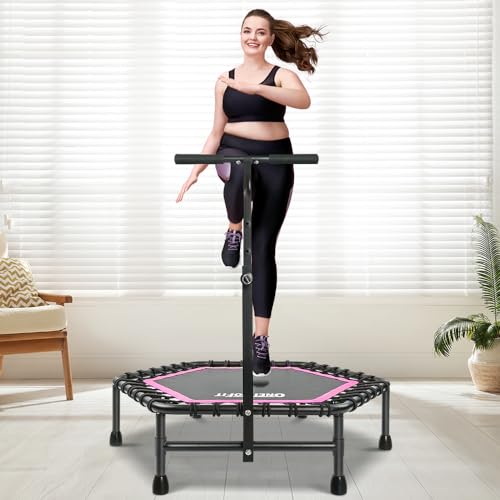 ONETWOFIT 114cm Trampolin lndoor,Rückprall Trampolin für Erwachsene, Leises Mini Trampoline für das Outdoor Training, Fitness Trampoline mit Bungee Rückpraller (Rosa-Sechskant-mit Griff)