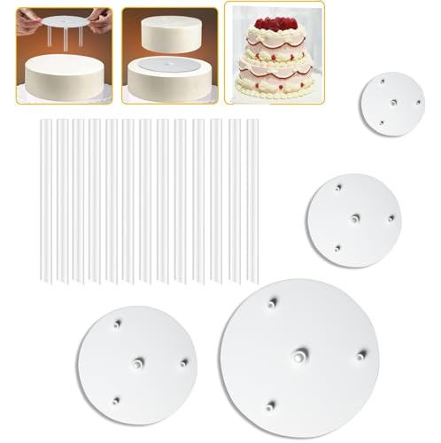 Tortenständer Tortenstützen 4 Etagen: 4 Tortenplatte(9/12/16/20cm) & 12 Tortendübel(23cm), Kunststoff Kuchenstützen Kuchenbasis Wiederverwendbar Tortenstützen für Mehrstöckige Torten Hochzeit
