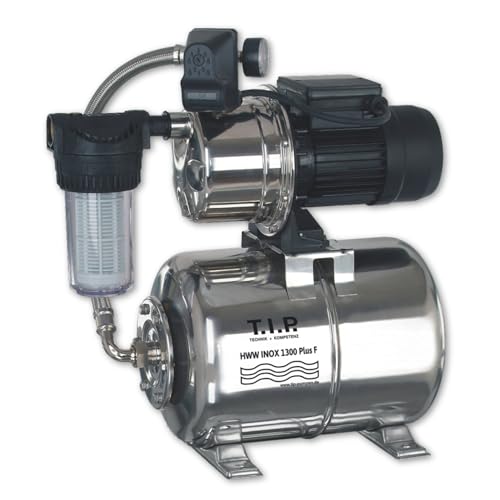 T.I.P. Hauswasserwerk HWW INOX 1300 Plus F, Edelstahl, selbstansaugende Jet-Pumpe, 1200 W, 4350 l/h, 50 m Förderhöhe, 5 bar, 22 l Druckkessel,Vorfilter, Thermo-Überlastschutz, langlebig & wartungsfrei