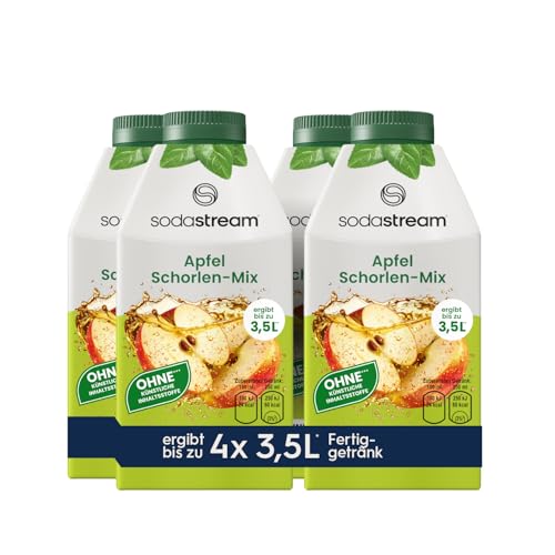 SodaStream Apfel Schorlen-Mix Sirup 4er-Pack | 500 ml je Flasche – ergibt bis zu 3,5 L erfrischende Apfelschorle | ohne Zuckerzusatz & künstliche Inhaltsstoffe | 50% aus Apfelsaftkonzentrat