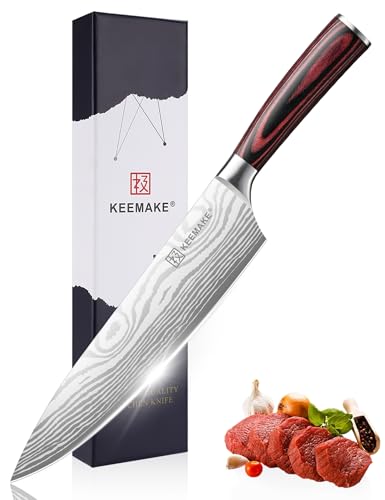 KEEMAKE Küchenmesser Kochmesser 20cm, Profi Messer Küche aus Edelstahl mit Klingenschutz, Scharf Chefmesser Allzweckmesser für Fleisch Gemüse Fisch