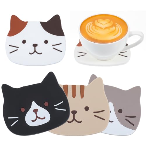 Tyqour 4 Stück Silikon Katze Untersetzer, Tischuntersetzer Dekorative Glasuntersetzer rutschfest Hitzebeständige Glas Untersetzer für Tisch Schreibtisch Büro Getränke Möbelschutz Küche