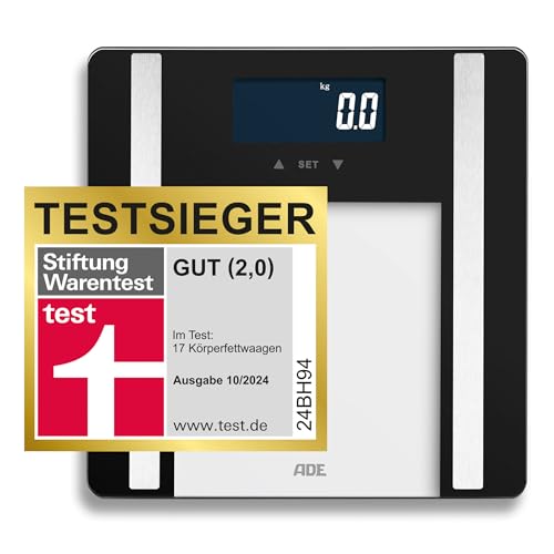 ADE Digitale Körperfettwaage Ines bis 200 kg | Testsieger 2024 | Personenwaage mit Körperfettanalyse, BMI, Muskelmasse, Körperwasser, Gewicht, BMR | Körperwaage mit Benutzererkennung | schwarz