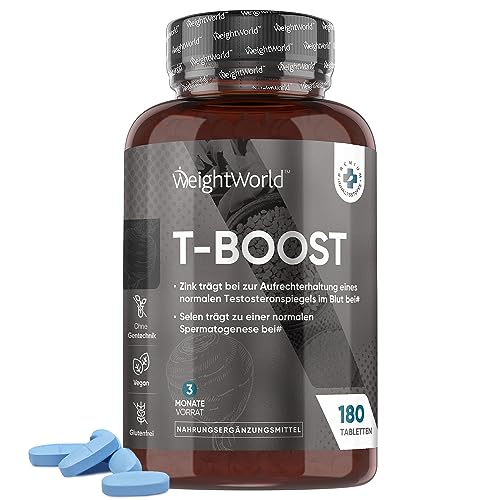 T Boost - 180 Testosteron Tabletten - Maca 400mg (10:1) Potenzmittel für Mann - Mit Bockshornklee, Zink, Vitamin A, Selen, Folsäure - Testosteron Booster, Muskelaufbau, Training, Sport - WeightWorld