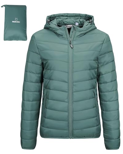 Outdoor Ventures Damen Steppjacke Leichte Packbare Übergangsjacke Warme Winterjacke mit Kapuze für Frauen Gefüttert Pufferjacke mit Taschen für Freizeit Wandern Reisen Achatgrün M
