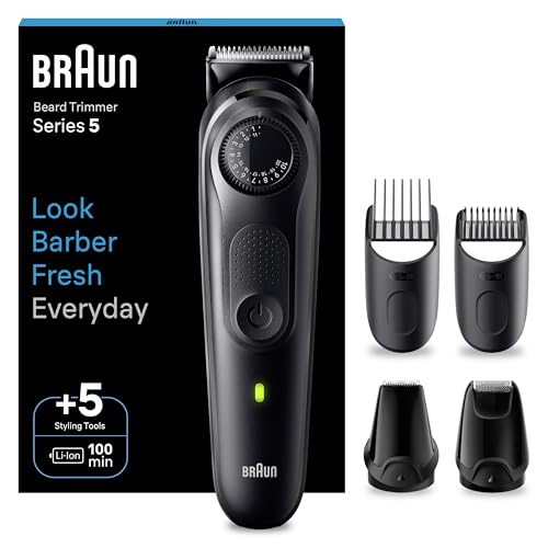 Braun Barttrimmer Series 5, Elektrischer Bartschneider Herren mit 5 Zubehörteile, Ultrascharfe ProBlade Klinge, 100 Min Akkulaufzeit, Kabelloser Bartrasierer, 40 Längen, Wasserdicht, BT5430, Schwarz