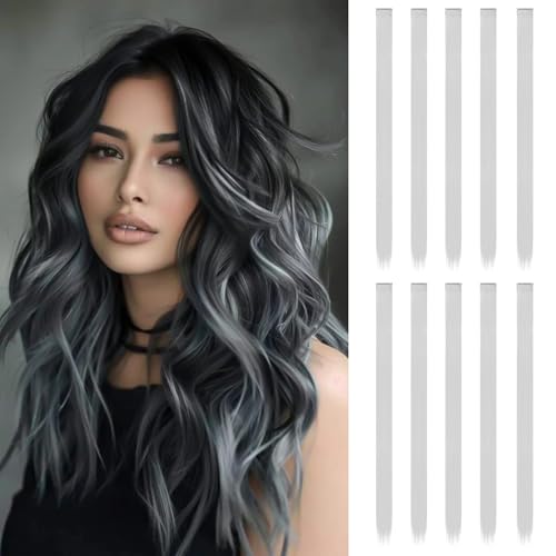 10 Stück Haarsträhnen zum Einklipsen | 55 cm Farbige Clip in Extensions | Langes glattes Bunte Haarsträhnen Kinder | Haarschmuck Mädchen (Silbergrau)