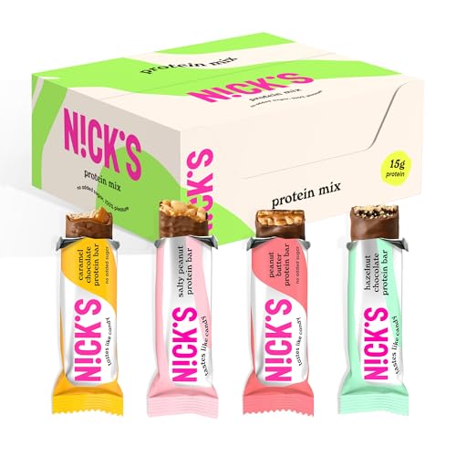 NICKS Protein Riegel Mix Box ohne zusatz von Zucker – 15g Eiweiß 30% – Kalorienarm – 4 Sorten Keto Proteinriegel mit Ballaststoffen & 5g Kollagen – Glutenfrei, Gesunde Low Carb Snack ohne Palmöl 9x50g