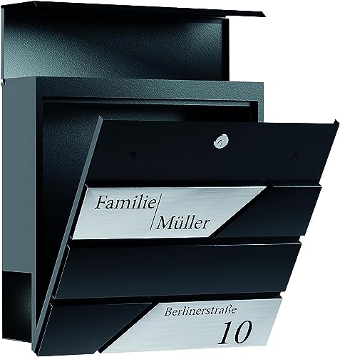 Bl4ckPrint Premium Briefkasten mit Zeitungsfach Anthrazit - Postkasten personalisiert mit Familienname Straße und Hausnummer - hochwertiger Wandbriefkasten personalisiert