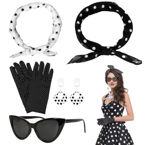 5TLG Rockabilly Accessoires Damen, 50er Jahre Damen Kleid Zubehör, 1950s Kostüm Set mit Schal, Sonnenbrille, Handschuhe, Retro Kostüm Damen, Fasching Accessoires für Karneval, Halloween, Cosplay