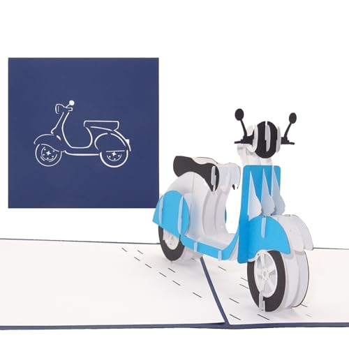 Grußkarte Motorroller - blau - 3D Pop Up Karte Motorroller, Geburtstagskarte, Grußkarte 3D, Geschenk zum Führerschein, Führerschein Geschenk, Italienkarte
