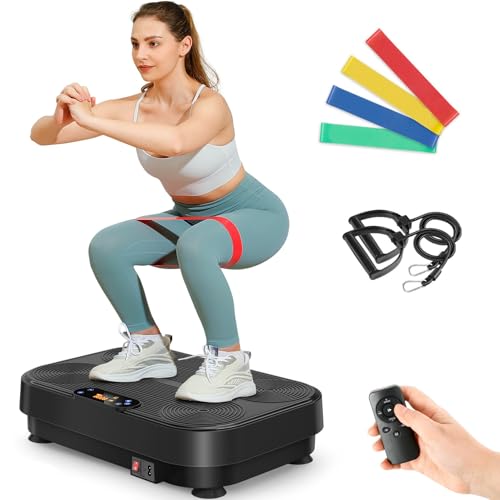 THERUN Vibrationsplatte, Rüttelplatte Sport für Zuhause, 1-99 Verschiedene Vibrationsintensitäten, Für Muskelaufbau, Fettabbau und Ganzkörpertraining, Kommt mit 4 Fitnessbändern (Black)