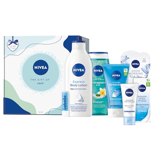 NIVEA The Gift of Care Geschenkset, Geschenk für Frauen, Geschenkbox mit Tagespflege (50 ml), Waschgel (150 ml), Gesichtsmaske (15 ml), Body Lotion (400 ml), Duschgel (250 ml) & Labello LSF 15 (4,8 g)