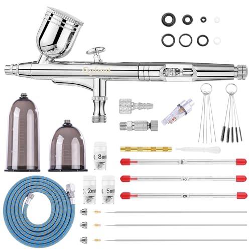 Gyfent Airbrush Set, Airbrushpistole mit 4 Schnelltrenn-Düsen (0,2/0,3/0,5/0,8 mm) Dual-Action-Schwerkraft Air Brush mit 1/4oz Flüssigkeitsbecher und 20/40ml Harzbecher für Nagelkunst Make-up Malerei