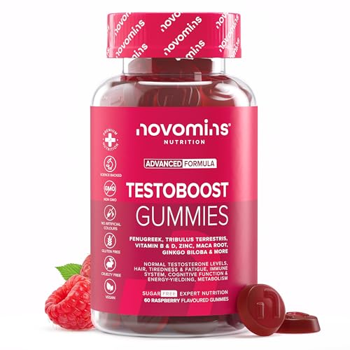 Testosteron Booster - mit Maca, Tribulus Terrestris, L Arginin, Bockshornklee - 60 Gummies - Alternative zu Maca Kapseln & T-Booster Tabletten - Vegan - für normale Testosteronspiegel - Novomins