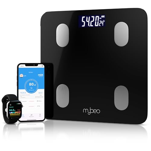 MyBEO - Digitale Bluetooth Körperfettwaage mit App – Körperanalysewaage – bis 180 kg – LCD-Anzeige – 6 mm Glas – Gewicht BMI Körperfett Muskelmasse - Personenwaage Körperwaage - schwarz