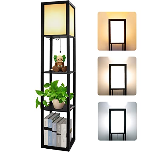 Stehlampe aus Holz, Stehleuchte mit Regal 3 Farbtemperaturen 3000-5000K, Holzablage Eckregal Regalbeleuchtung Retro für Wohnzimmer Schlafzimmer Büro