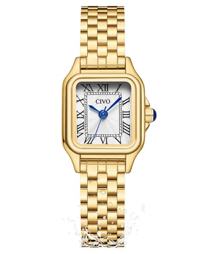 CIVO Klein Analog Damenuhr Gold: Elegante Eckig Edelstahl Wasserdicht Armbanduhr Damen mit Römischen Zahlen für Business Alltag und Geschenk für Frauen