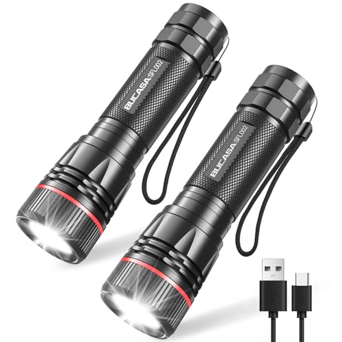 BUCASA Taschenlampe LED Aufladbar, 2000 Lumen Extrem Hell LED Taschenlampe mit 3 Modi, 2 Stück Zoombare Taschenlampen Kinder, Wasserdicht Langer Laufzeit Flashlight für Camping Outdoor Wandern Notfäll