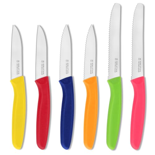 targzier Classic Gemüsemesser-Set, 6-teilig, Obstmesser, Schälmesser mit Wellenschliff, Tomatenmesser, Scharfe Edelstahlklinge, Mehrfarbig, Spülmaschinenfest