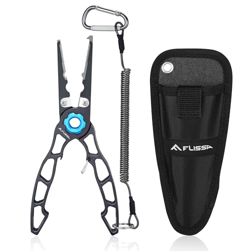 FLISSA Multifunktionale Angelzange, Leichte Multi-Angelzange, Titanlegierung-Backen, mit Hakenlöser, Sicherheitsverriegelung, Aluminiumgriff, Sharfe Schneidklingen, Lanyard & Tragetasche, für Angeln