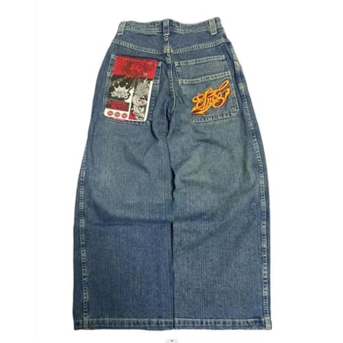 ORANDESIGNE Y2k Jeans Herren Hip Hop Retro Schädel Stickerei Gewaschen Baggy Denim Hose Lässig Lose Weites Bein Hose Streetwear Z08 Blau M