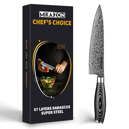 MIKAZON Damast Kochmesser - Professionelles 20.1 cm Küchenmesser mit 67-lagiger Stahlkonstruktion und Pakkaholzgriff in Geschenkbox