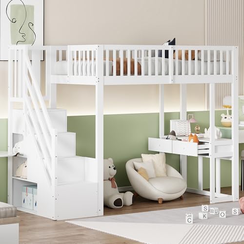 Merax Hochbett 90 x 200 cm, mit Schreibtisch, multifunktionales Kinderbett 1 Platz mit Stauraumtreppen, einfache Montage, Weiß (ohne Matratze)