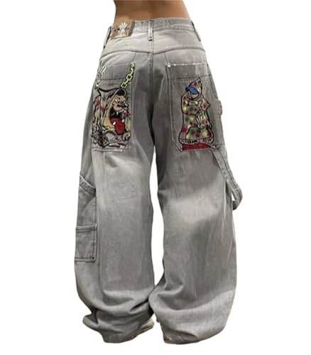 tinbarry Jeans Damen Y2K Cargohose Baggy Denim Hosen Straight Leg Jeanshose Hip Hop Boyfriend Cargo Jeans Vintage Bedruckte Loose Pants 90er E-Girl Streetwear