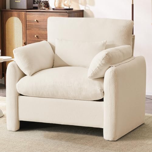 Ckaff Extragroß Ohrensessel Sessel Wohnzimmer, 93.5cm Polstersessel Fernsehsessel Einzelsofa mit Abnehmbares Armlehne & Wurfkissen, Einzelsofa Lesesessel für Wohnzimmer Schlafzimmer, Beige