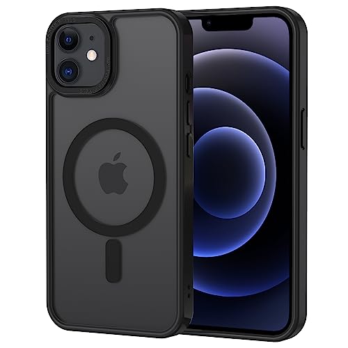 XTCASE Magnetisch Hülle für iPhone 12/12 Pro kompatibel mit Magsafe, Matt Transluzente Handyhülle für iPhone 12/12 Pro Kratzfeste PC Rückseite + TPU Bumper - Schwarz
