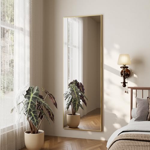 Koonmi Ganzkörperspiegel, 35x122cm Wandspiegel mit 2 höhenverstellbaren Hängehaken, Hängespiegel mit Rahmen aus Aluminiumlegierung für Garderobe und Schlafzimmer, Gold