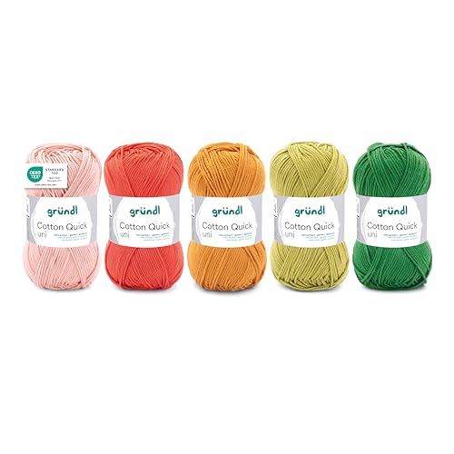 Gründl Wolle Cotton Quick uni - dünne Wolle zum Häkeln - Strickgarn - Häkelgarn - Glänzend und hautfreundlich - 100% Baumwolle - 5 Knäuel 50 g / 125 m - Nadelstärke 3-4 - Orange-Gelb-Grün-Mix