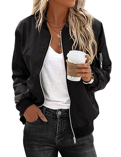 Zeagoo Blouson Damen Schwarz Leichte Kurze Bomberjacke Fliegerjacke Pilotenjacke Basic Herbst Bomber Jacket Frühlingsjacke L