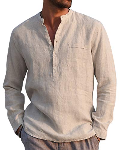 Kvruhuiy Baumwolle Leinenhemd Herren Lang Ärmel Casual Hemd Regular Fit Freizeithemd Shirts Khaki L