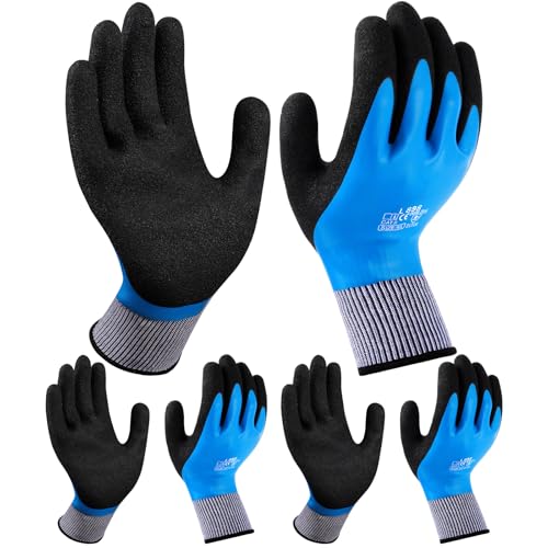 flintronic 100% Waaserdichte Arbeitshandschuhe, 3 Paar Wassdichte Handschuhe für Herren und Damen, Latex Beschichtet Handschuhe, Schutzhandschuhe für Garten Hof im Freien Arbeiten (Latex, L)