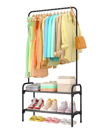 Sakugi Kleiderständer - Kleiderstange mit Rutschstopper, Garderobenständer mit 2-stufiger Schuh-Organizer, Kleiderständer für Schlafzimmer, Eingangsbereich, 74 x 30 x 150cm, Schwarz