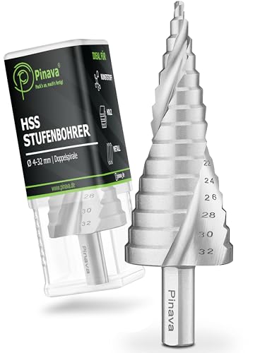 Pinava® Stufenbohrer 2XSPIRAL Ø4-32 [Scharf & verbesserte Spanabfuhr] Kegelbohrer für Metall, Holz, Kunststoff - HSS Stahl Bohrkegel Kunststoffbohrer - Blechbohrer Lochbohrer Schälbohrer 15 Stufen