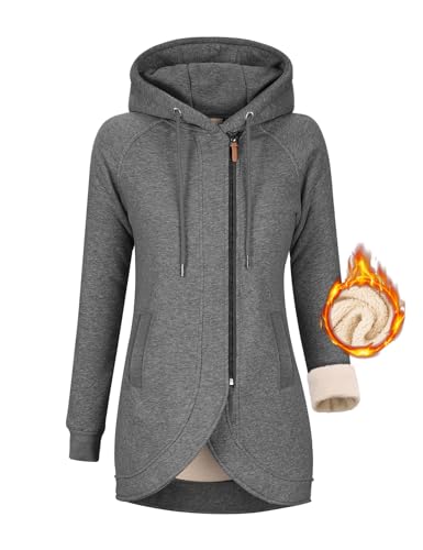 Voqeen Kapuzenpullover Damen Lange Zipper Hoodie Damen Sweatjacke Herbst Winter Jacke Pullovermit Fleecefutter (Dunkelgrau,M)