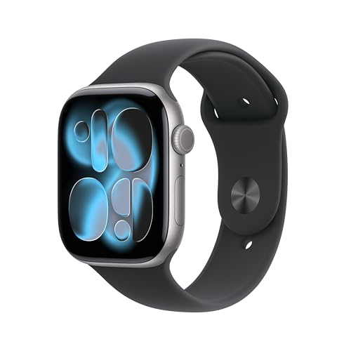 Apple Watch Series 11 GPS 46 mm Smartwatch mit Aluminiumgehäuse in Space Grau und Sportarmband in Schwarz (M/L). Schlafindex, Fitnesstracker, Gesundheitstracking, Always-On Display, Wasserschutz