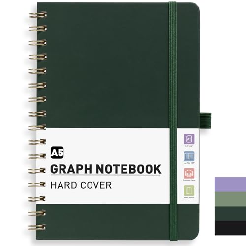 PYNEX Notizbuch A5 Kariert, Hardcover,Notebook, Notizblock Spiralbindung With 140 Blatt 100GSM, Tagebuch für Erwachsene,Schule - Dunkelgrün
