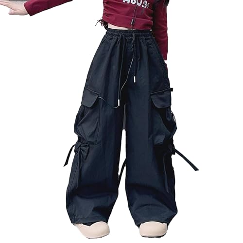 Cargohose Kinder Mädchen Palazzo Cargo Hose Locker Y2K Streetwear High Waist Freizeithose Baggy Wanderhose Fallschirmhose Parachute Pants Loose Fit Outdoorhose Trekkinghose Mit Kordelzug Grau