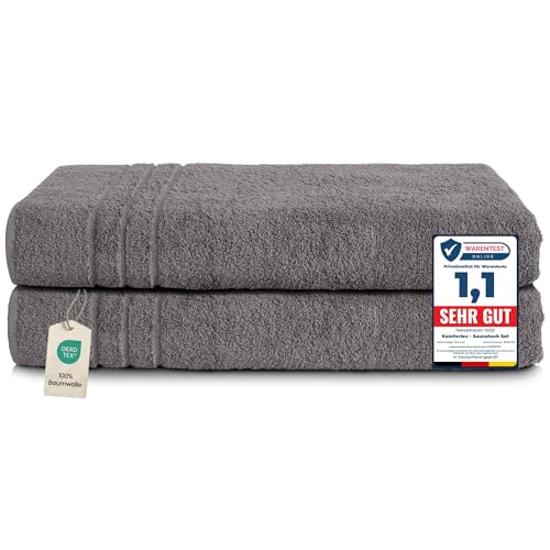 Komfortec 2er Saunatuch Set 80x200 cm aus 100% Baumwolle, XXL-Saunatücher, Sauna Handtuch, Weich, Groß, Frottee, Schnelltrocknend, Anthrazit Grau