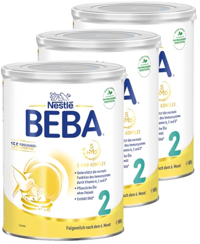 BEBA 2 - Folgemilch nach dem 6. Monat, Mit 5 HMO Komplex, Altersgerecht angepasster Proteingehalt, Nur Laktose, Ohne Palmöl, Ohne Fischöl, Babynahrung, Baby-Milchpulver, 3er Pack (3 x 800g)