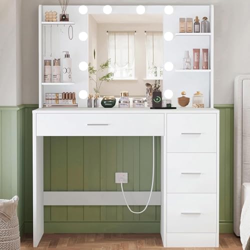 TEENFON Schminktisch mit Spiegel und Beleuchtung, Make-up Schminktische mit Steckdose, Schminktisch mit 4 Schubladen, 4 offenen Regalen, 5 Schmuckhaken für Schlafzimmer, Weiß