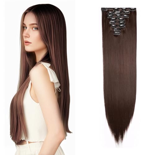 8 Teile Set Clip In Extensions Haarverlängerung Echthaar Voller Kopf 66cm Hair Extensions Realistisch und Natürlich Extensions Clip in für Frauen und Mädchen (Mittel braun)