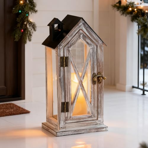 NUPTIO Laterne Holz Vintage Kerzenlaterne: 26cm Laternen für Draußen Holzlaterne Innen Deko Haus Windlicht Rustikale Metall Outdoor Wetterfest Balkon Haustür Weihnachten Hochzeit