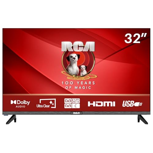 RCA E32 Fernseher 32 Zoll TV 81 cm HD Fernseher Rahmenlos Triple Tuner (DVB-T/T2-C-S/S2) CI/CI+ HDMI USB Dolby Audio Hotelmodus [Energieklasse F]