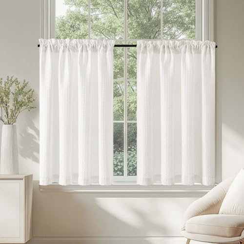 TOPICK Blickdicht Scheibengardinen Küche Weiß Bistrogardine mit Tunnelzug Gardinen Kurz mit Waffel Muster Halbtransparente Küchengardinen für Kleine Fenster Wohnmobil Landhaus 2er Set 90Bx60H cm