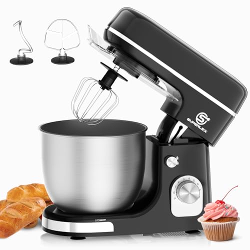SUPERLEX Küchenmaschine 3 in 1 Teigmaschine Klein 1300W mit 5L Edelstahlschüssel 8 Geschwindigkeiten Knetmaschine Mixer Kitchen Aid mit Knethaken Rührbesen Schneebesen Spritzschutz für Brotteig Teig